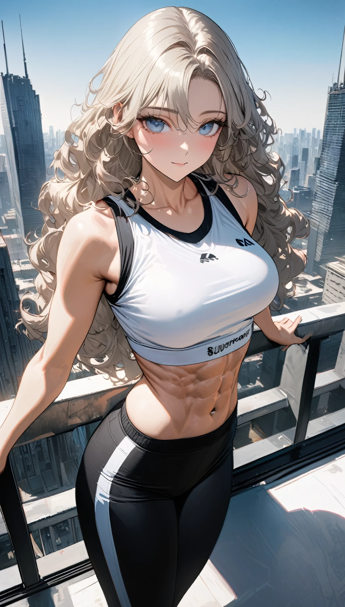 best quality, super fine, 16k, incredibly absurdres, extremely detailed, 2.5D, delicate and dynamic, beautiful woman, white messy wavy hair, captivating look, wearing fitness uniform with white crop tank top and black low rise pants, superlative body proportion, abs, beautiful view from the rooftop of a skyscraper on a clear day