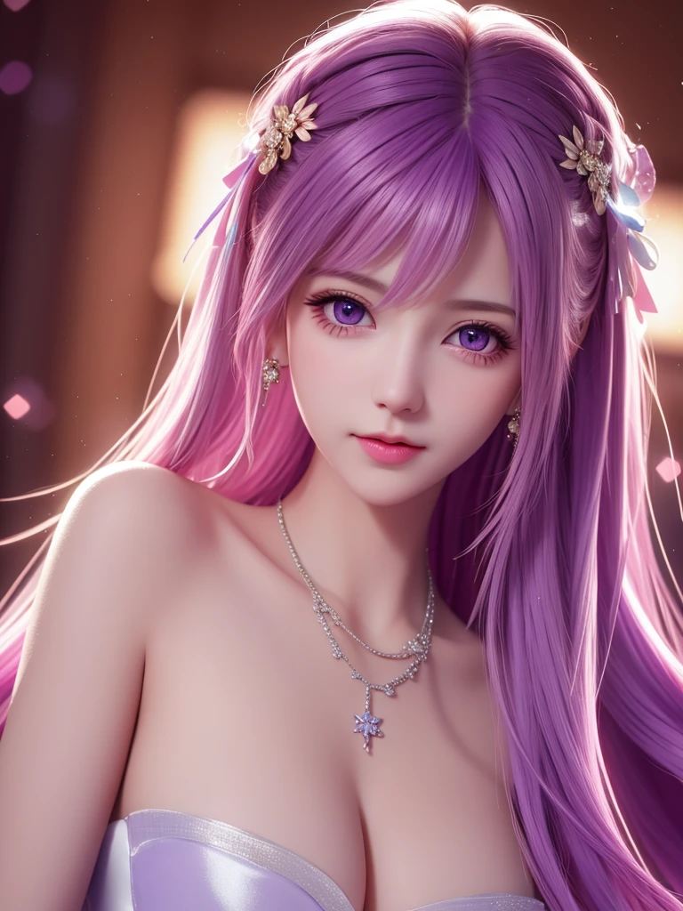 best quality, masterpiece, High target, 1 Girl, nude, Hair Decorationss, necklace, Decorations, Pretty Face, When the body, Tyndall effect, Realistic Portraits, Dark Studio, Edge lighting, Two-color light, (Very delicate skin:1.2), 8K uhd, Digital SLR Camera, Soft Light, high quality, Volumetric Lighting, Honest, photo, high resolution, 4K, 8K, Bokeh, Purple hair,pink hair tips, Pink Eyes.
