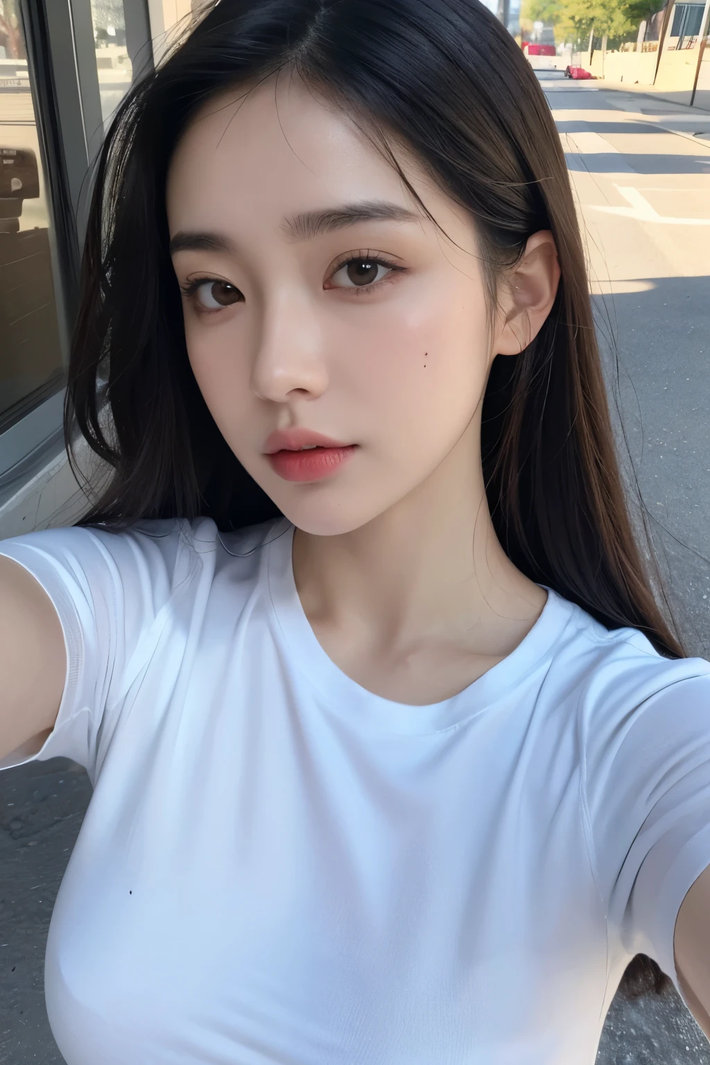 8K,best quality, ultra high resolution, (realistic:1.4), (real skin texture:1.3), (selfie angle),1 woman,outdoor,t-shirt,