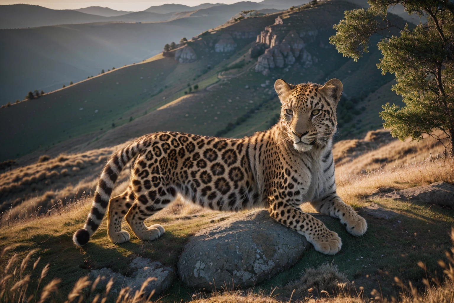 (best quality,4k,8k,highres,masterpiece:1.2),ultra-detailed,(realistic,photorealistic,photo-realistic:1.37),dawn,leopard perched on rugged cliff,overlooking vast grassland,dawn light casting long shadows,reflective eyes,soft sunlight,cinematic,illustration,high-definition,realistic fur texture,majestic,serene,ethereal,surreal,rich colors,warm tones,soft lighting