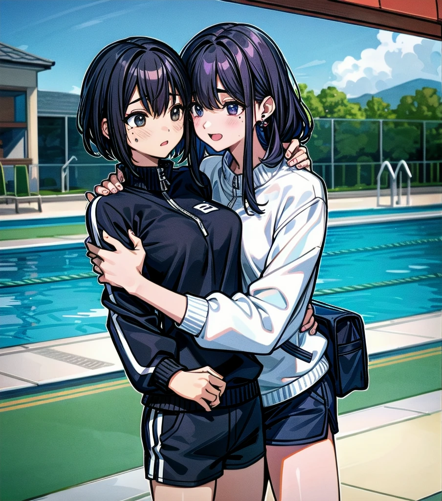 Mikazuki Shizuka, alone,One girl, Sportswear,belly button,A woman and a man kiss,1boy,Poolside,BREAKscore_9, score_8_Excellent, score_7_Excellent, anime