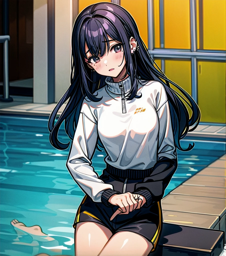 whole body, delicate facial features, medium tits, medium hair, black hair, tearful mole, earring, tracksuit, shorts, pool, yuri, 2 girls,