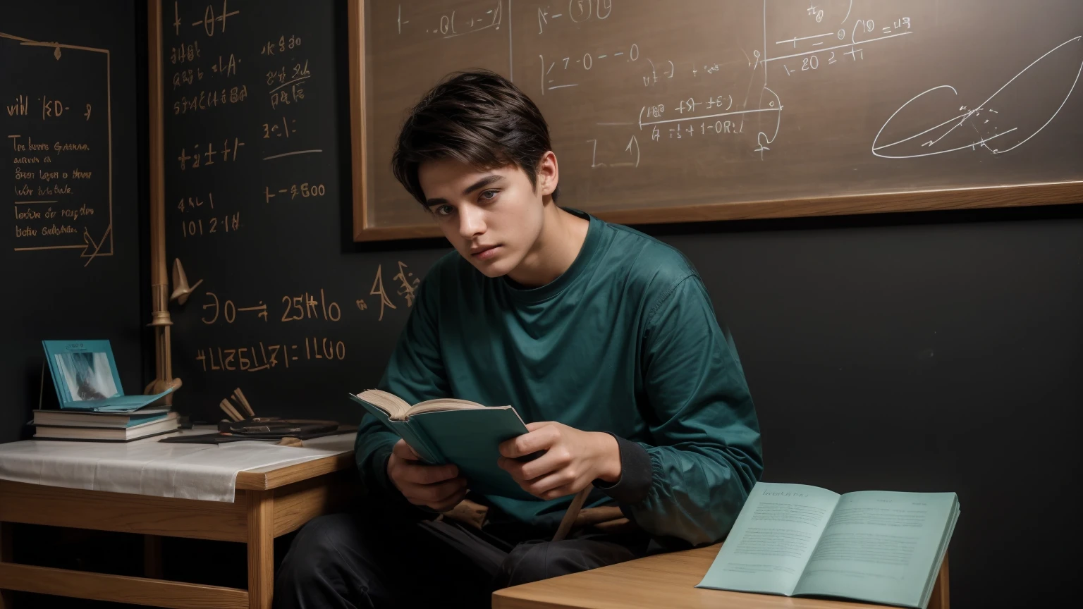 A beautiful, twinkling, cute male young man with dark circles under his eyes. He has black hair and a face with make-up. He is wearing a long-sleeved aquamarine shirt. He is in his office, sitting on a study desk with his legs raised on a chair, reading a huge book. Behind him is a blackboard with calculus written on it.  Integration and mathematical equations, and radiating neon energy comes out of the blackboard