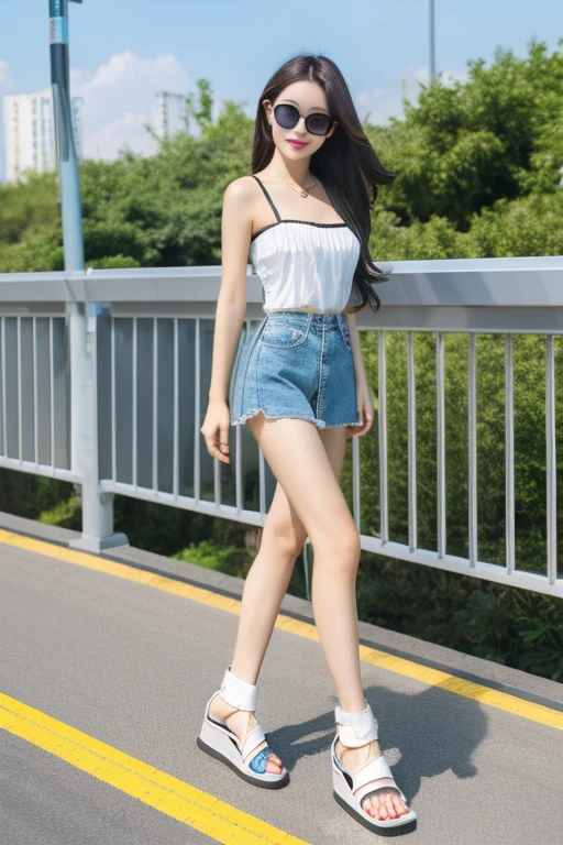 Highest quality、masterpiece、High sensitivity、High resolution、Detailed Description、Slim Body、Glasses、Tube top、With thick-soled sandals、Climb the footbridge、