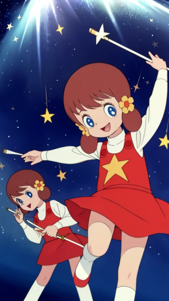 masterpiece, best quality, 独奏, 1girl,
chappy,Laughing with mouth open、
Raise the baton above your head、Surrounded by starlight、Magic baton