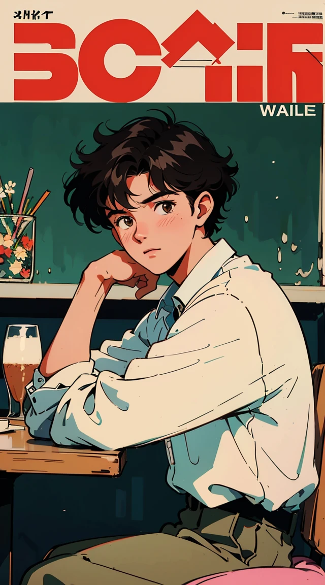 Best image quality, 1980s style animation, 21-year-old boy, slightly curly black hair, light brown eyes,  with a white shirt, magazine cover, whole body , at a cafe , posing, With a cute otter, I have a camera.
