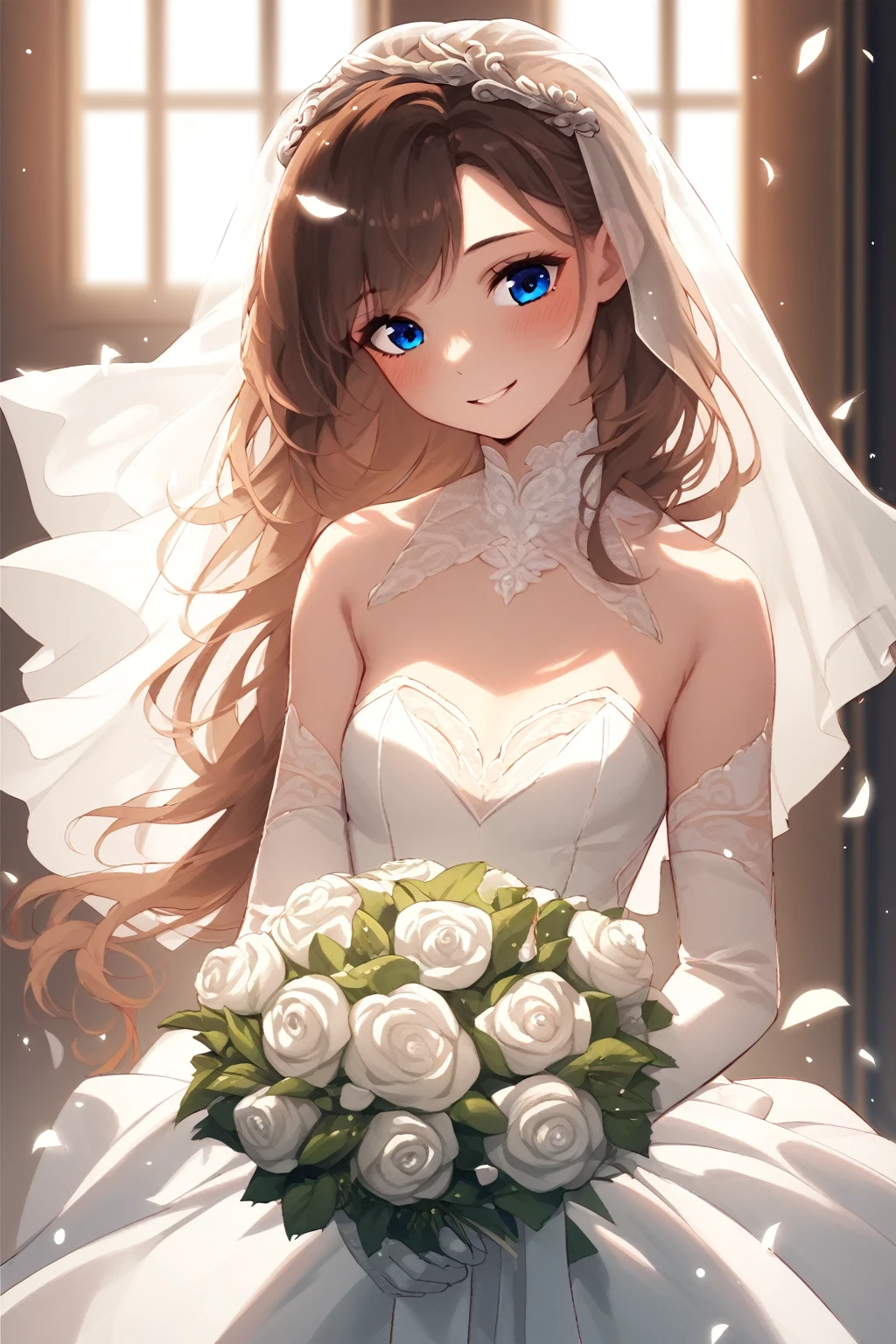 1 girl, blue eyes, brown hair, long hair with bangs, upper body, flowing hair, specks of dust in the air, light, day, dressed in a white wedding dress, white wedding gloves, holding a bouquet of white roses, white veil, open shoulders, neckline, middle chest, standing, at the ceremony, windows, blush, smile, detailed, beautiful, blurred background, delicate tones
