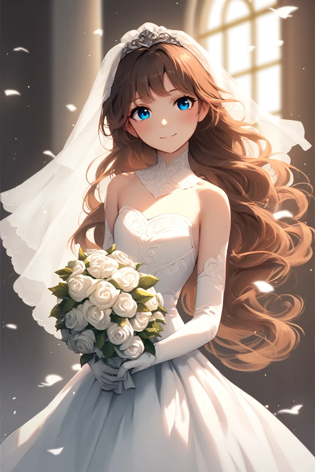 1 girl, blue eyes, brown hair, long hair with bangs, upper body, flowing hair, specks of dust in the air, light, day, dressed in a white wedding dress, white wedding gloves, holding a bouquet of white roses, white veil, open shoulders, neckline, middle chest, standing, at the ceremony, windows, blush, smile, detailed, beautiful, blurred background, delicate tones