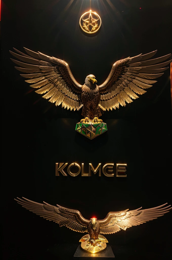 displays full HD high resolution, a hologram logo, The eagle is made of thick metal, a combination of gold and wings, and a ribbon with the name KECE and a red and green LED on the side of the logo on a black background with red and yellow lights.