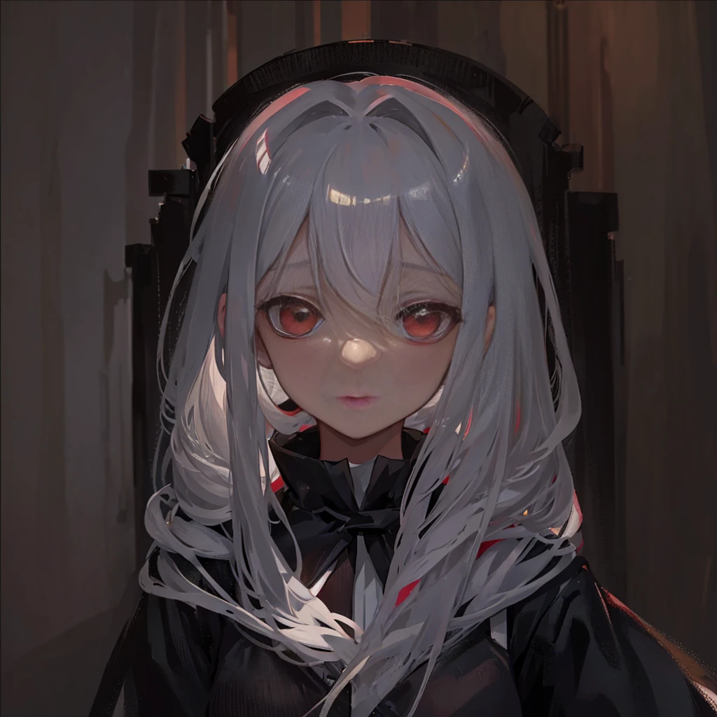 The image depicts an anime character with long, disheveled hair of a light color, possibly white or silver. The character has large eyes with noticeable makeup, featuring dark shadows and red accents around them. The face expresses a certain fatigue or sadness, emphasized by half-closed eyelids and slightly parted lips. The overall style of the image resembles digital painting with soft, blurred lines and a focus on the character's emotional state. The background is dark, creating contrast and drawing attention to the character's face and hair.