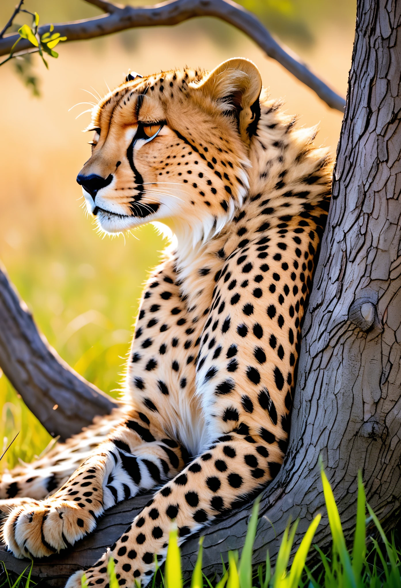 cheetah napping in a tree, the grass in the meadow is swaying in the wind,