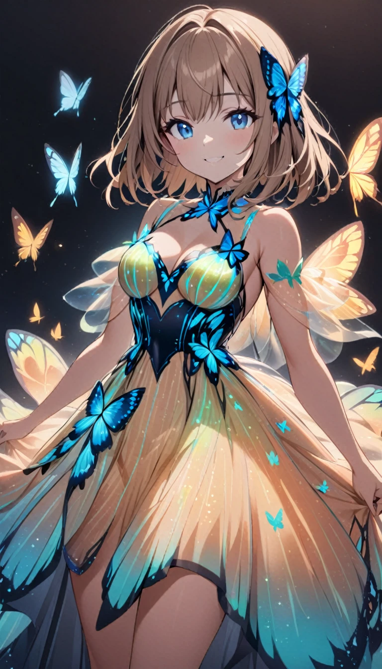 1girl,light brown color medium length hair,blue eyes,kind smile,medium breasts,bioluminescent dress,butterfly dress,dark background,cowboy shot,