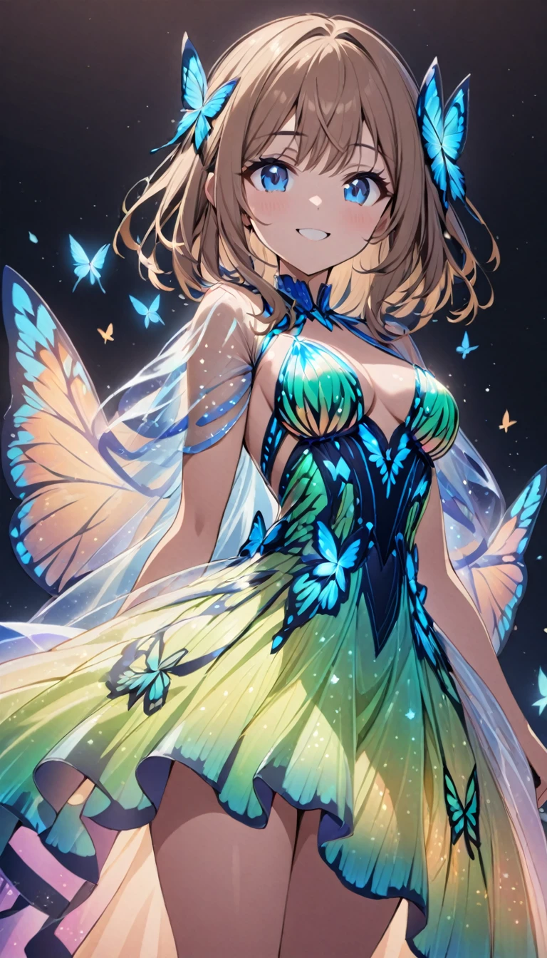 1girl,light brown color medium length hair,blue eyes,kind smile,,bioluminescent dress,butterfly dress,dark background,cowboy shot,