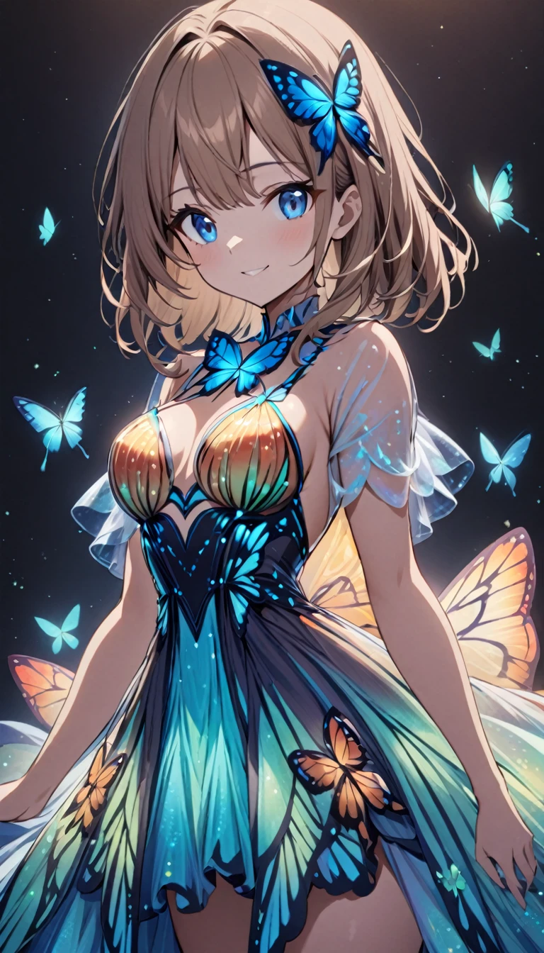 1girl,light brown color medium length hair,blue eyes,kind smile,medium ,bioluminescent dress,butterfress,dark background,cowboy shot,