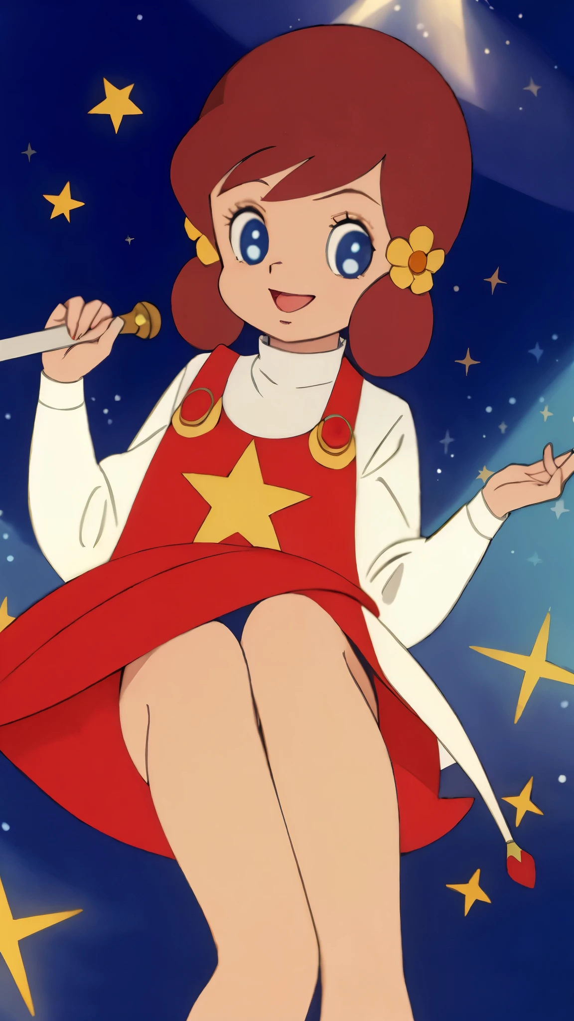 masterpiece, best quality, solo, 1girl,
chappy,Laughing with mouth open、
Raise the baton above your head、Surrounded by starlight、Bright light、
