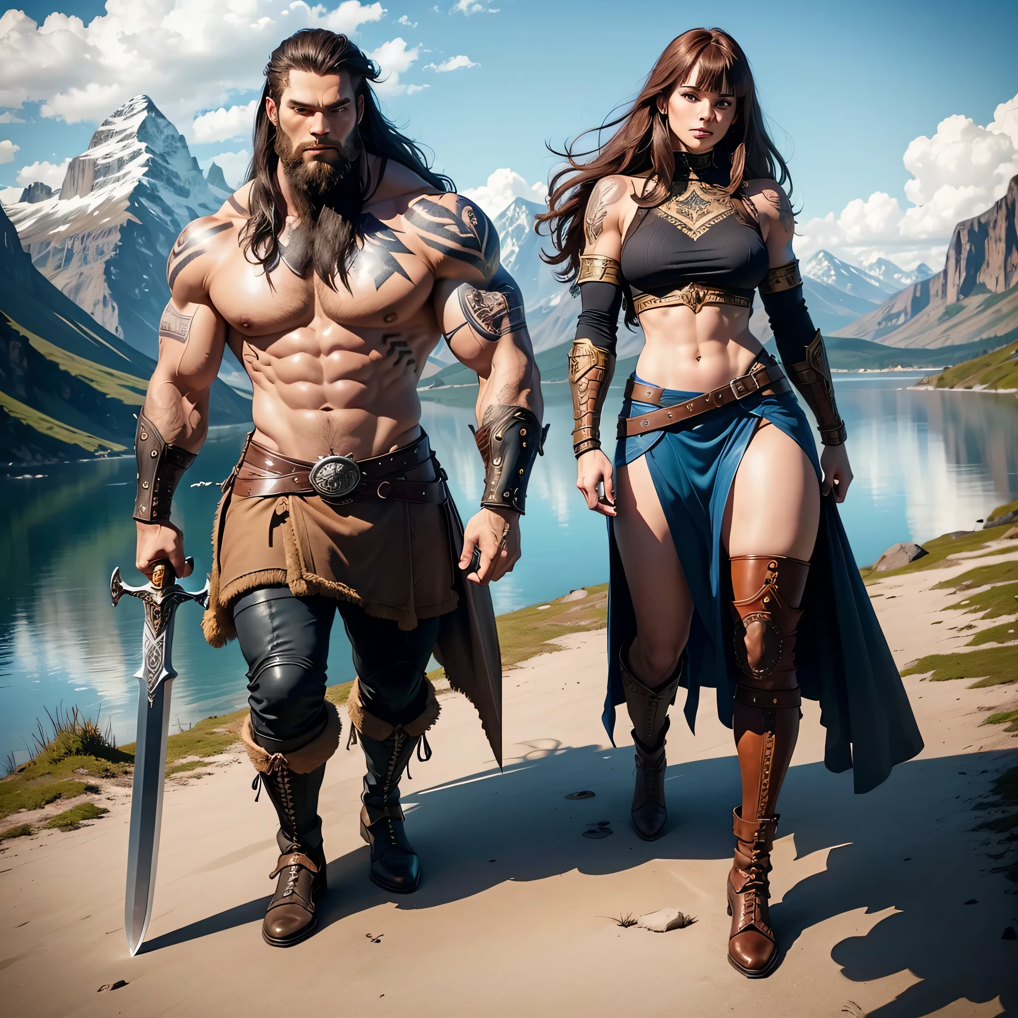Black Viking left arm tattoo design, a full body muscular viking man and beautiful woman, muscular legs, holding big sword with right hand, brown hair divided with bangs, perfect realistic blue eyes, wearing warrior leather shoes, wearing warrior boots, lake and mountains in the background.