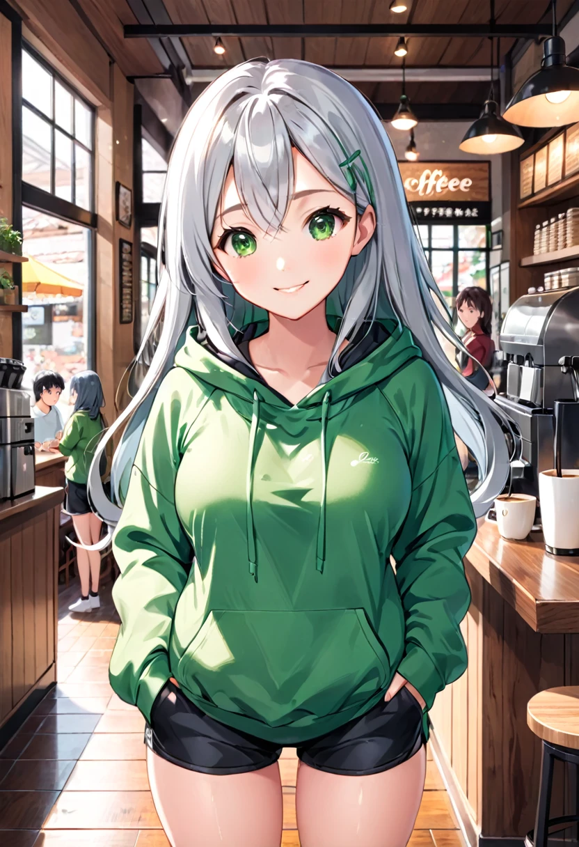 Pretty asian woman, bright silver hair, long hair, green eyes, busty, black shorts and a green hoodie, cute, standing in the center of a coffee shop environment, pretty smile, anime style