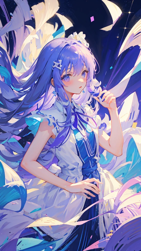 Long hair girl, beautiful, soft purple, soft blue mix