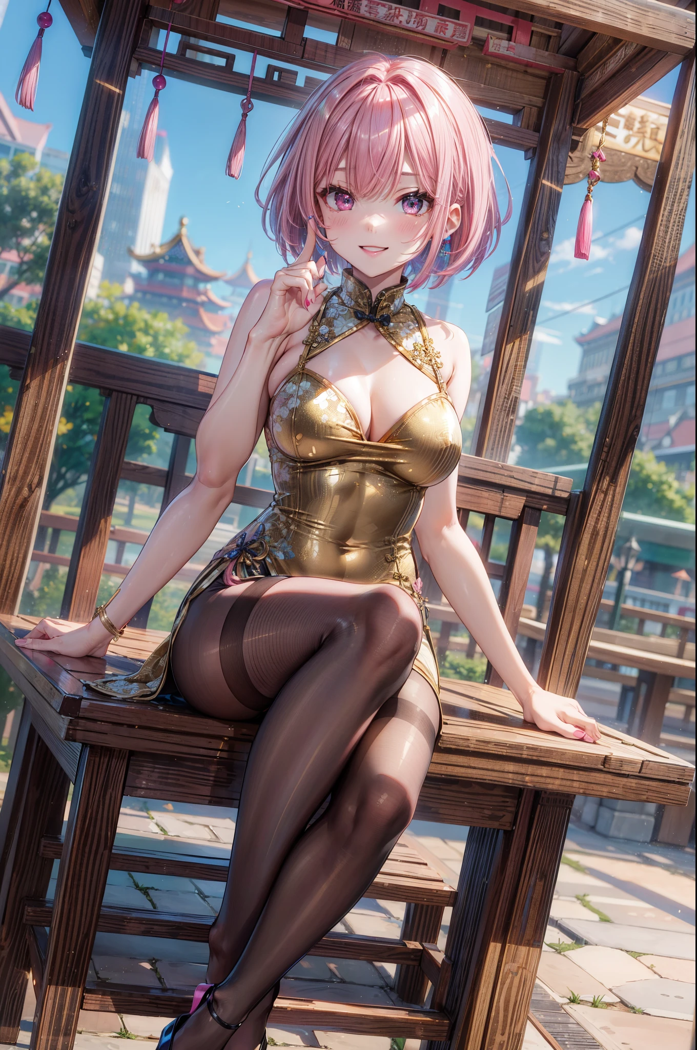 (((golden Dress))), ((lowleg pantyhose)),, skinny, 4 defined fingers, 1 defined thumb, looking at viewer, solo, 1 woman, 25 years old, AI generated, highest quality, masterpiece, skindentation, perfect face, 8k , Dynamic Pose, (short hair), (pink hair:1.5), bob cut, black eye, smile, thin thighs, medium breasts, perfect limbs, sexy, (visible nipples:0.7), (camel toe:0.3),, (bright Chinese park), Dutch Angle, ((metallic costume)), facing straight at viewer, (sit), sexy pose,