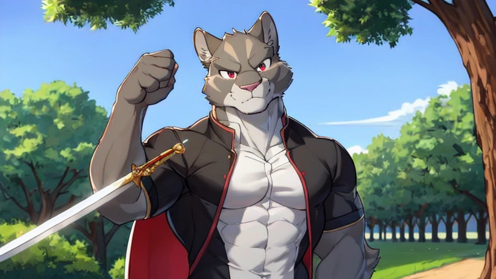 theo prinz, Alone, looking at the viewer, short hair, no shirt, male focus, pectorals, only, muscular, muscular male, por zackary911, by zaush, (by personals:0.5), male, zootopia style, detailed background, looking at the viewer, flexing (soft shading), 4k, anything, training camps, fictional, sword, holding sword, angry,