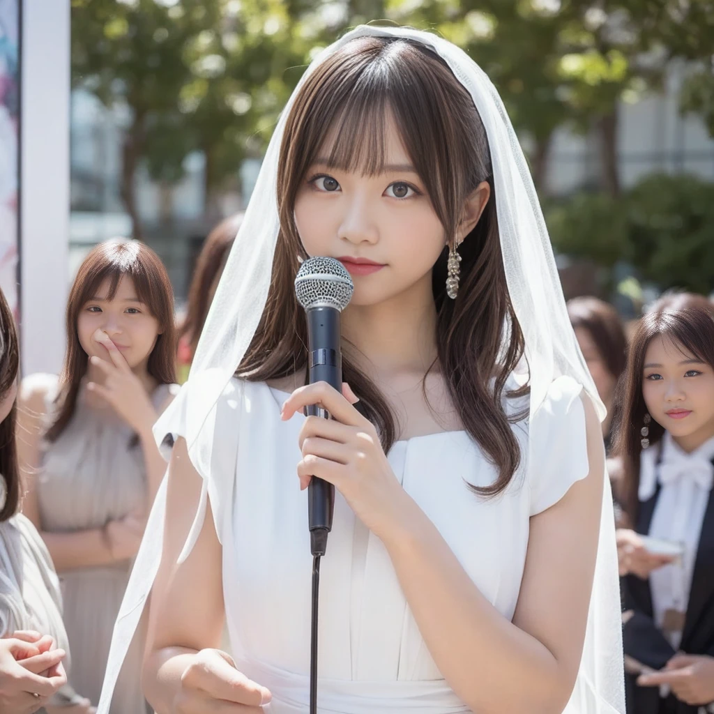 A beautiful young Japanese idol in a white dress and veil holding a microphone. Extremely detailed and realistic portrait, intricate anime cosplay, Instagram model, artcore style, lost in reverie. 8k resolution, Canon EOS R6 photography, background is bright, female body.
