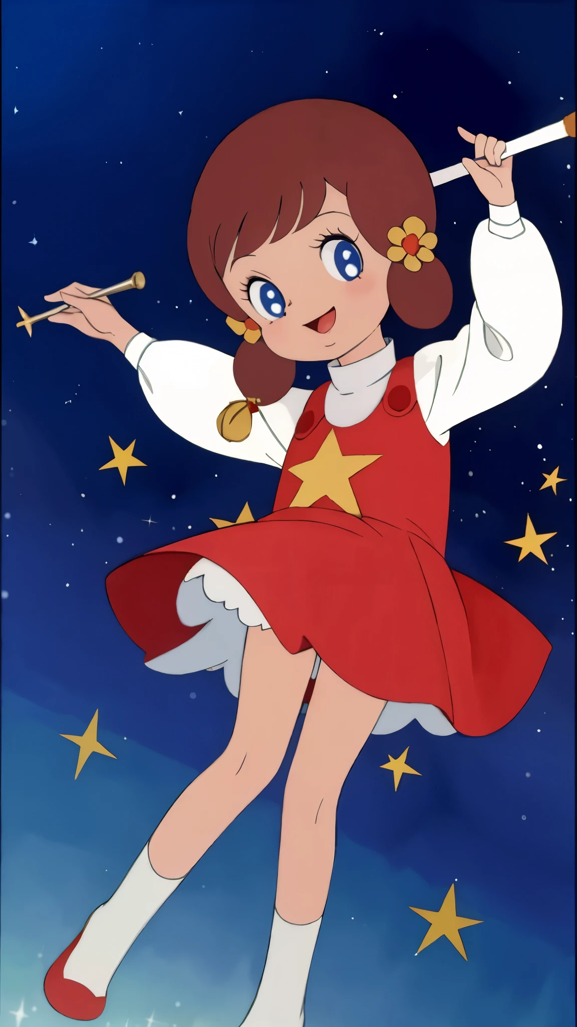 masterpiece, best quality, solo, 1girl, 
 chappy,Laughing with mouth open、
Raise the baton above your head、Surrounded by starlight、Magic baton