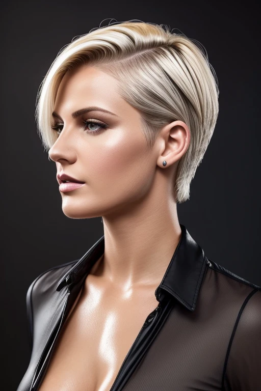 Gorgeous european woman with short hair, short hair, ponytail, wet hair, hair slicked back, combed straight back, slick hair, blonde gradient hair, wearing a safari outfit, cleavage, solid dark grey background
