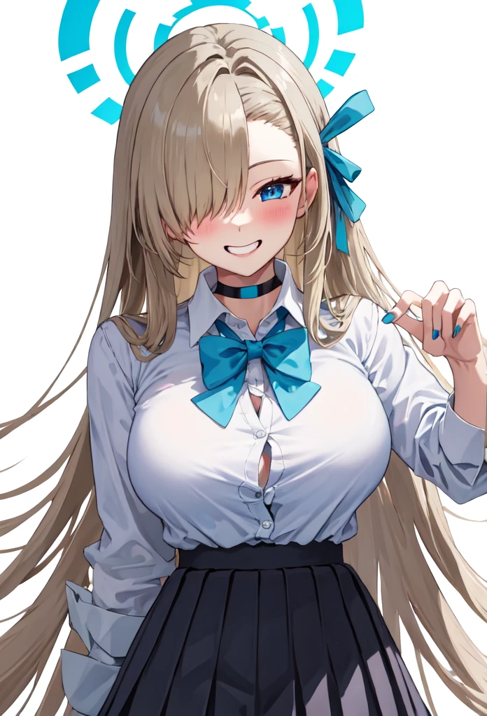 best quality, masterpiece, highres, solo, (asuna_bluearchive:1.10), 1girl, collared shirt, looking at viewer, pleated skirt, , white shirt, grin, black skirt, simple background, wrist scrunchie, white background, black choker, blue bowtie, blush, one eye covered, blue nails, nail polish, blue scrunchie, shirt tucked in, 7 