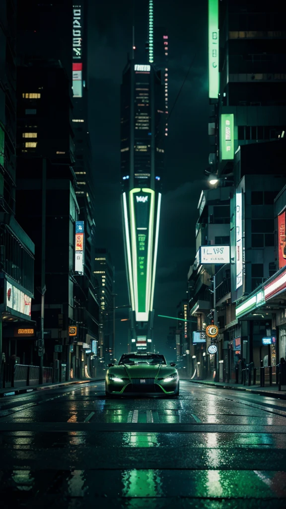 (Cyberpunk green city night), a sleek futuristic car, lime green exterior, neon-lit highway at night, speeding car, dynamic motion blur, cinematic lighting, dramatic camera angle, highly detailed, 8K, hyper-realistic, photorealistic, intricate details, glow of neon lights, reflections on wet road, dramatic shadows, moody atmosphere, vibrant colors, striking composition, masterpiece, concept art