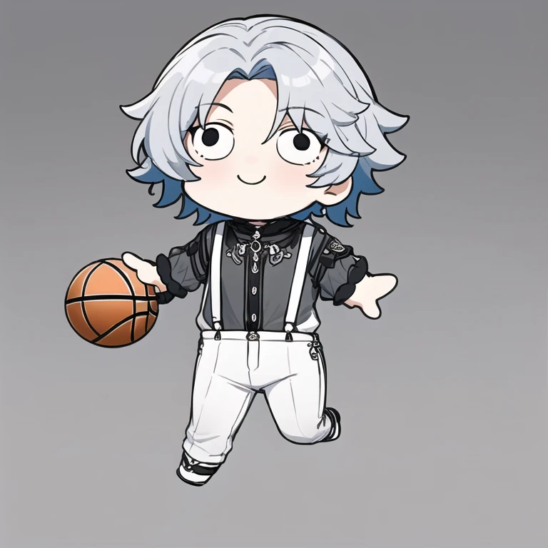 style-parody, 1 boy,Cai Xukun,Gray hair,necklace,short hair,分叉Bangs,forehead,(Black shirt,White long sleeves, Grey pants,White suspenders:1.4),(basketball,ball:1.4),Solitary, Bangs, japanese clothes, sidelocks, simple background, Smile, Hair accessories, chibi, single weave,, white background, c:, Bridal Gloves