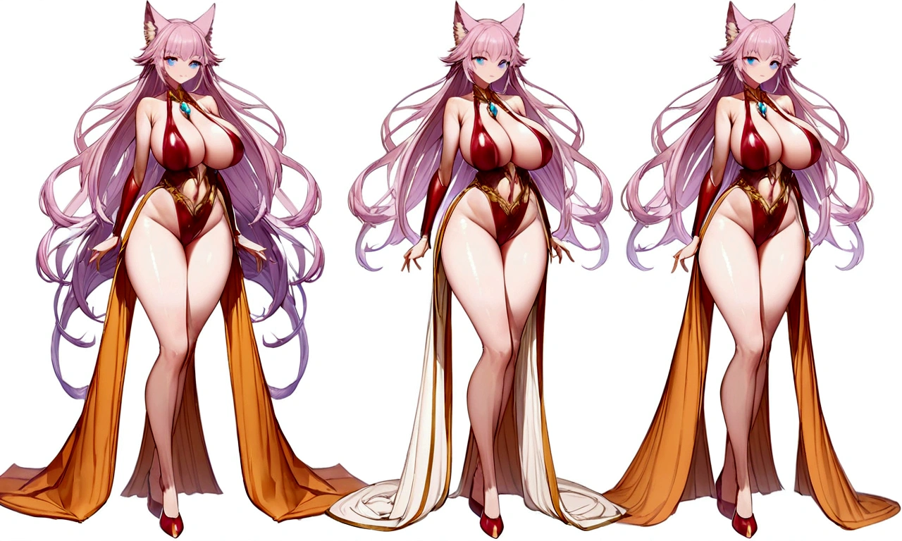 wolf girl, huge breasts, light pink hair, blue eyes, wide hips, long legs, white background, slim fit two piece suit full body and with a sexy pose:1.6