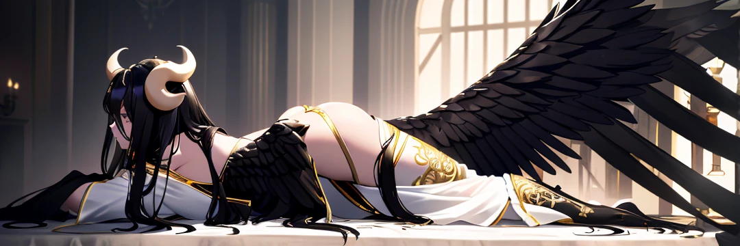 A high resolution, Sharp focus, Pixiv masterpiece, ((Intricate details)), Highly detailed, 1girll, Black wings, Gold-black dress, White horns, athletic body, Albedo_Overlord, Black hair, enormous brest, sexy personality, (Low wing,:1.1), Upper body, castle on the background