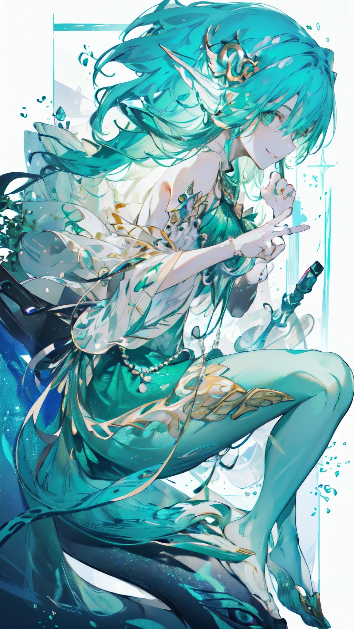 ((((Graceful, elegant, extraordinary detail, high resolution, hyperrealist)))), 1woman, serene, sitting, (mermaid), (long, wavy, emerald green hair), pale skin, (green eyes, shimmering scales effect), (glowing eyes), ((ultra detailed face, realistic eyes:0.9)), ((left profile)), (full body shot), underwater, (seashell throne), (tentacles at sides), (lustrous pearls), (looking at the viewer with a knowing smile), ((glowing aura)), ((finger to lips gesture)), lively eyes, beautiful water lighting, merfolk kingdom, ((close up)), 300 years old, (serene expression), (wise), ((full body))