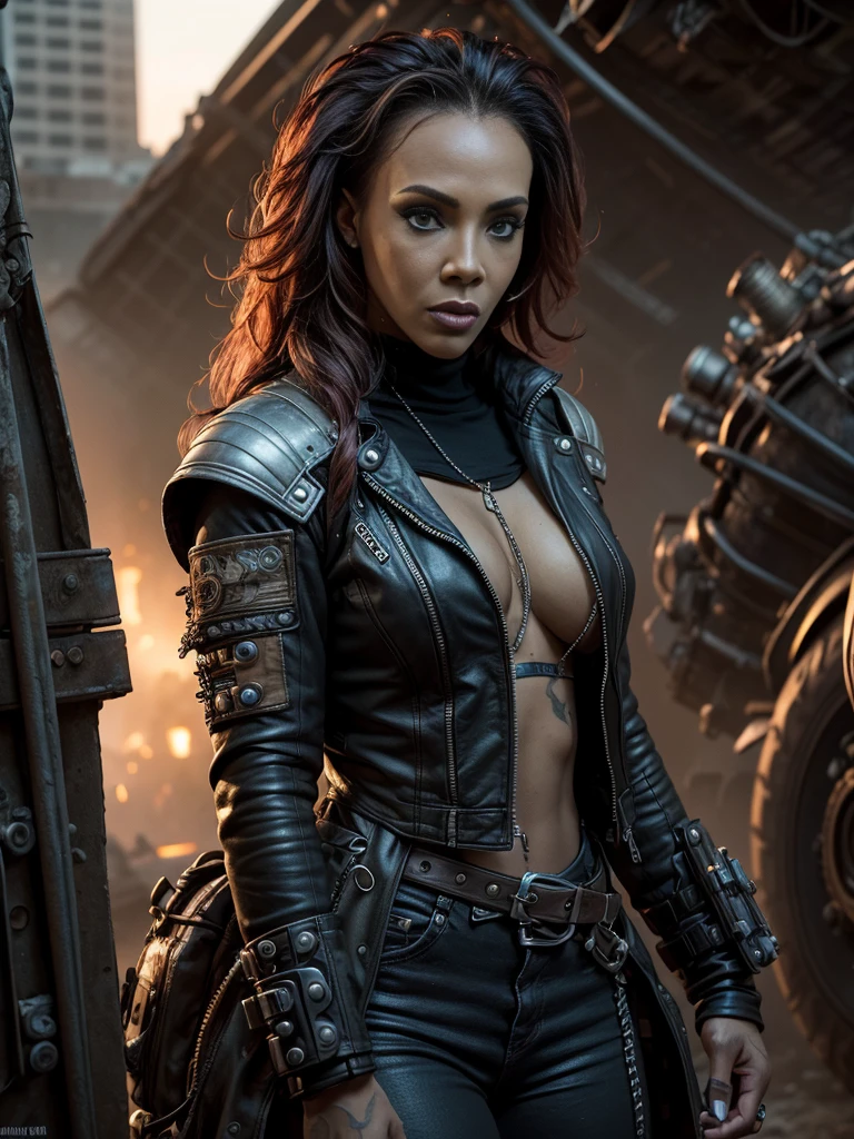 portrait 1 young woman ,science fiction, complex background  punk, mad max , futuristic, post-apocalyptic, dark, dim light, ((masterpiece, best quality, )),vivica.fox