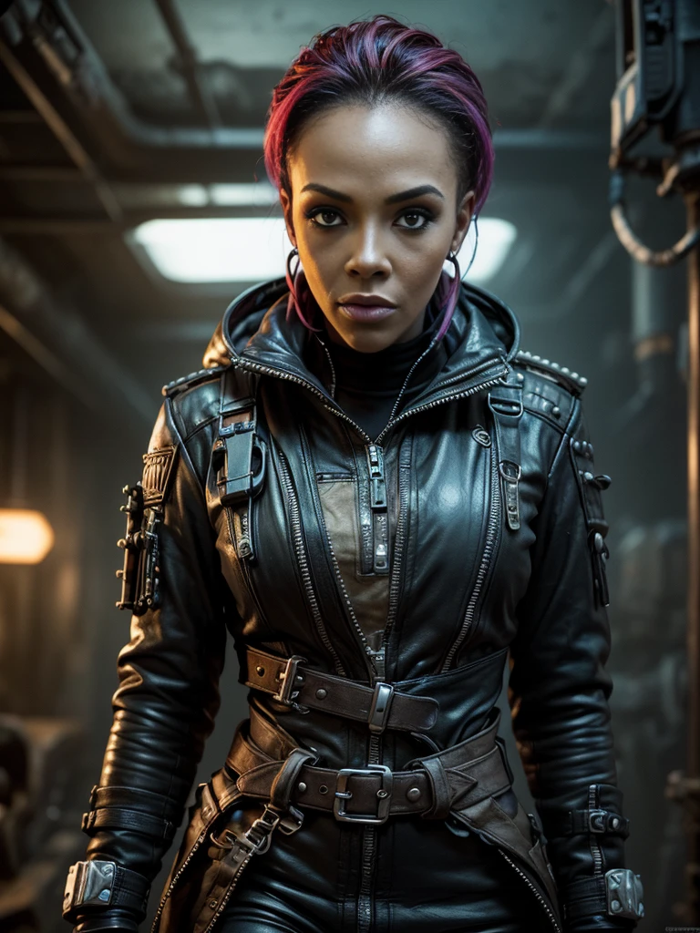 portrait 1 young woman ,science fiction, complex background punk, mad max , futuristic, post-apocalyptic, dark, dim light, ((masterpiece, best quality, )),vivica.fox