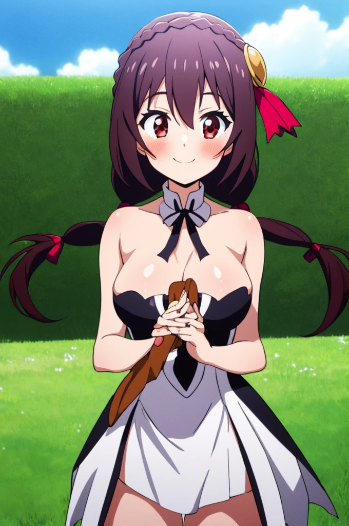 (masterpiece, Highest quality), One girl,    Yunyun,Long Hair,Braiding,Twin tails,Hair between the eyes,Red hair ribbon,hair ornaments,large round breasts,、Black Hair、Red Eyes、(Happy face:1.2)、grassland、Crown Blade,(White dress:1.5)、(blush:1.2)、cowboy shot