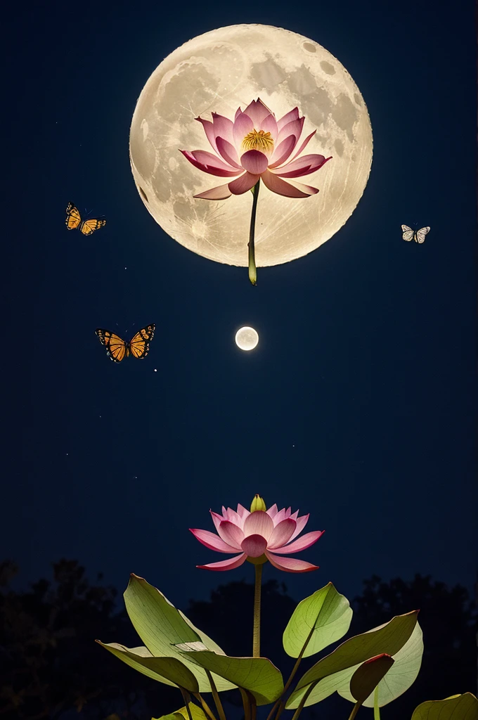 A lotus flower with a crown on top, a waning moon behind and butterflies around 