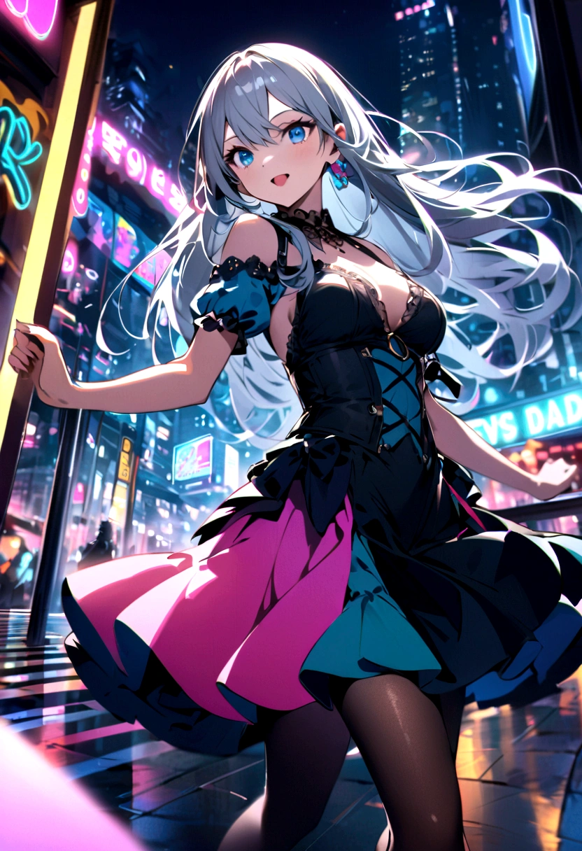 Cityscape at night、A landscape illuminated by colorful neon lights、Gray Hair、Long Hair、blue eyes、She is having fun dancing solo.