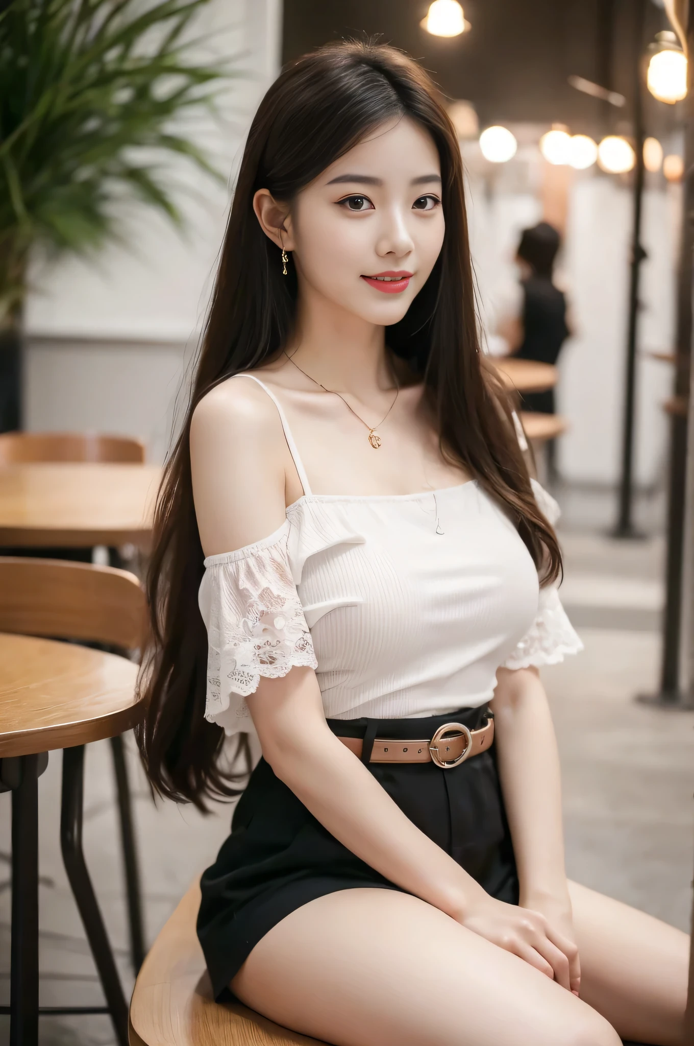 Front Angle, (8K, best quality, masterpiece:1.2), (Practical, photo-Practical:1.37), Extremely detailed, 1 girl, Looking at the audience, Beautiful and detailed sky, Detailed café street, sit, Full body, Small head, Smile,Exquisite necklace, beautiful legs:1.2, Long legs:1.2, Slender legs, High heel:1.3, White socks:1.4, Huge breasts, High waist, Willow Waist, Off-shoulder, belt, Short bottoms, Beautiful and delicate eyes, daytime, Warm colors, White lace, (Long hair:1.4), Silver Medium Long Hair, White skin, light, Street Lights, (Tea table:1), (handbag:1), ulzzang-6500-v1.1:0.66