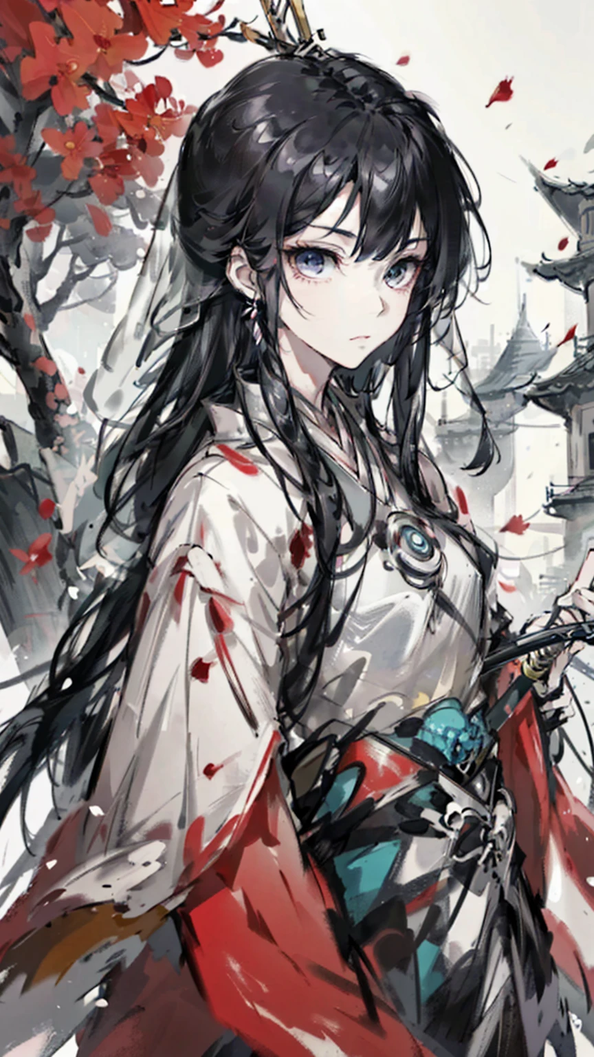A painting of a woman wearing a veil and a sword, Beautiful character painting, Guviz, Guviz-style artwork, Guweiz in Pixiv ArtStation, Guweiz on ArtStation Pixiv, a beautiful anime portrait, Beautiful anime woman, guweiz masterpiece, style of anime4 K, Palace ， A girl in Hanfu，Sword in hand