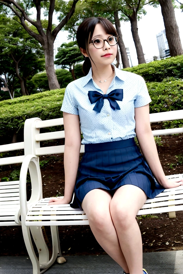 Sitting on a park bench。The skirt is white with blue polka dots。Polka dots are small。Wears gold-rimmed glasses。