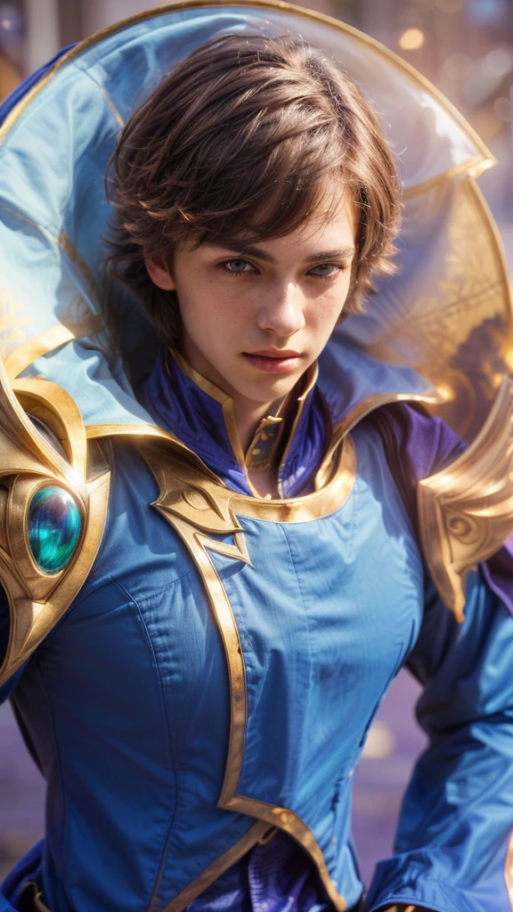 1 young man, with a blue outfit, gold paladin, casimir art, holy paladin, male paladin, androgynous prince, detailed face, realistic, photorealistic, photo-realistic:1.37, (best quality,4k,8k,highres,masterpiece:1.2),ultra-detailed,(realistic,photorealistic,photo-realistic:1.37),HDR,UHD,studio lighting,ultra-fine painting,sharp focus,physically-based rendering,extreme detail description,professional,vivid colors,bokeh, highly detailed,cinematic lighting,dramatic lighting