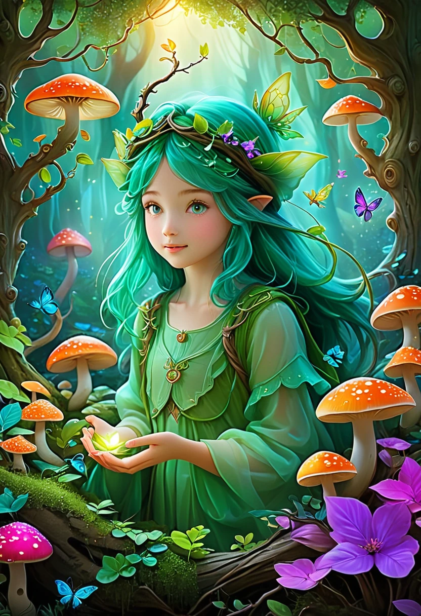 A fantastic and real illustration showing exploring in a magical forest. Trees have unusual shapes and colors, with branches that twist and intertwine, creating an environment full of magic and wonder. and elevated roots, surrounded by bright flowers and luminous mushrooms. Pay special attention to capturing the characters as they interact with this fantastic world.. Focuses on revealing skin lines, the agile fingers and the expressiveness of their gestures. Some have stopped to observe small magical creatures that float and flutter around them, like fairies and elves. His hands extend with curiosity, seeking to touch and feel the magic that surrounds them. Others are building shelters with branches and leaves, giving life to your dreams with your hands. The color palette is vibrant and saturated, with intense shades of green, blue, purple, orange and pink that give the scene an ethereal and dreamlike appearance. The lighting is warm and diffuse, creating an enchanted and welcoming atmosphere. Focus on capturing joy, The curiosity and overflowing imagination of Ls interact with this fantastic world. Let every detail of your hands, from skin textures to gestures, convey a sense of wonder and unlimited possibilities." In this version, I have specifically emphasized the importance of representing with detail and precision how they relate to the magical elements of the forest. I hope this updated prompt helps generate an image that captures that fantastic quality and
