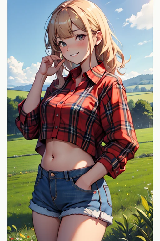 Highest quality picture, Big chubby farm girl, red flannel shirt, denim shorts, flashing belly, countryside