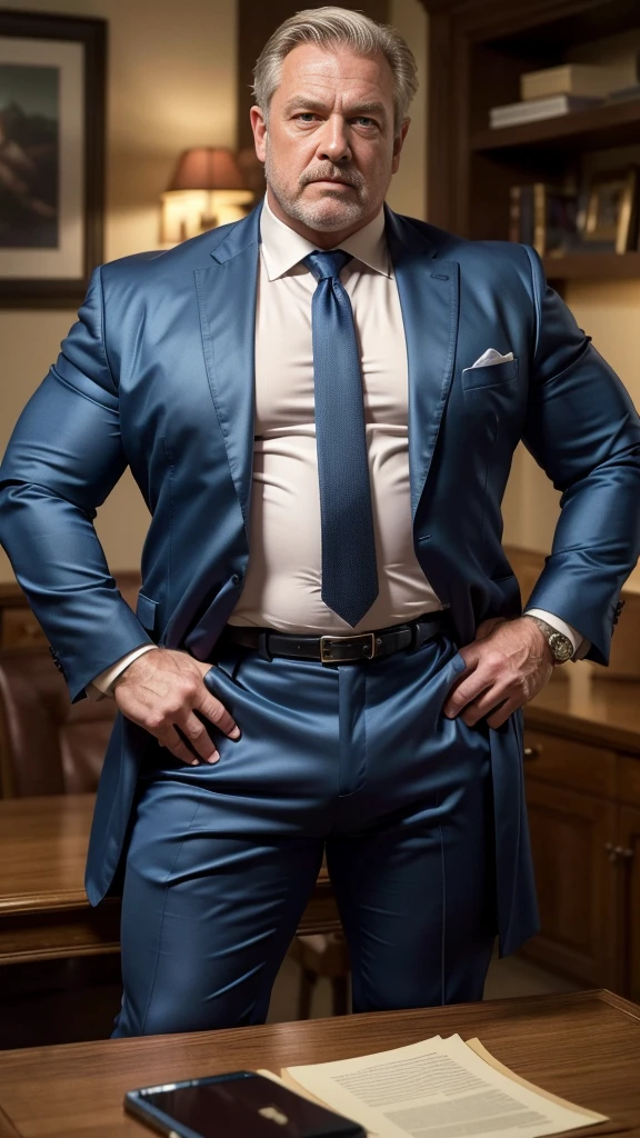 (best quality,4k,8k,highres,masterpiece:1.2), age 60, white man detective , horny disgusting, muscular chubby, kind, open blue silk shirt , mature daddy,black Dress Pants with big hard bulge, hairy chest hard nipple, belt, loafer,