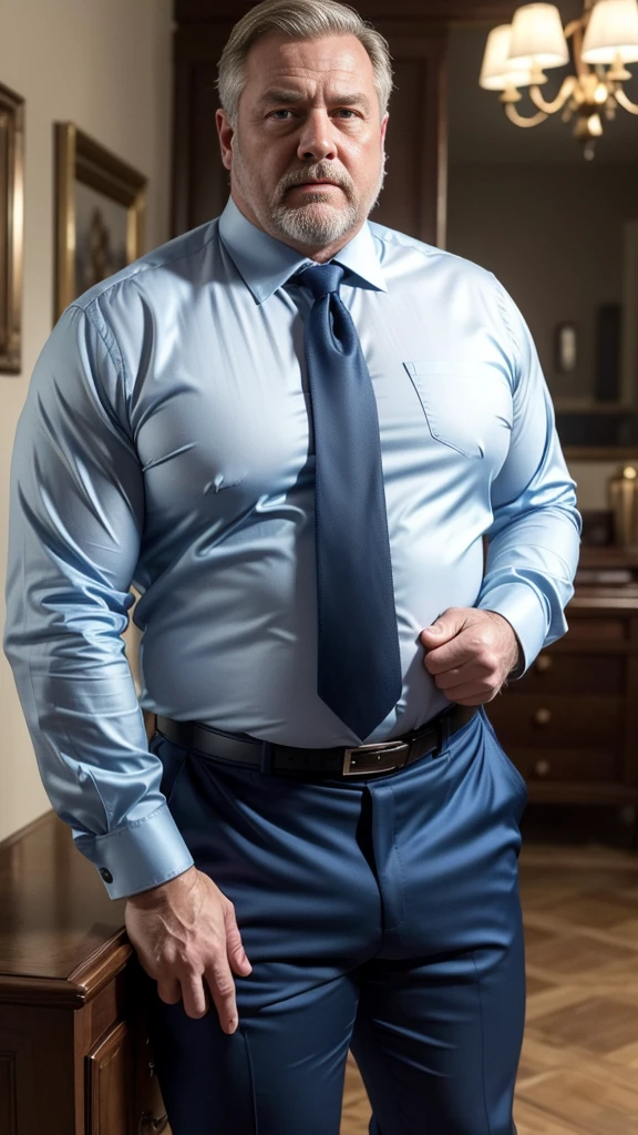 (best quality,4k,8k,highres,masterpiece:1.2), age 60, white man detective , horny disgusting, muscular chubby, kind, open blue silk shirt , mature daddy,black Dress Pants with big hard bulge, hairy chest hard nipple, belt, loafer,