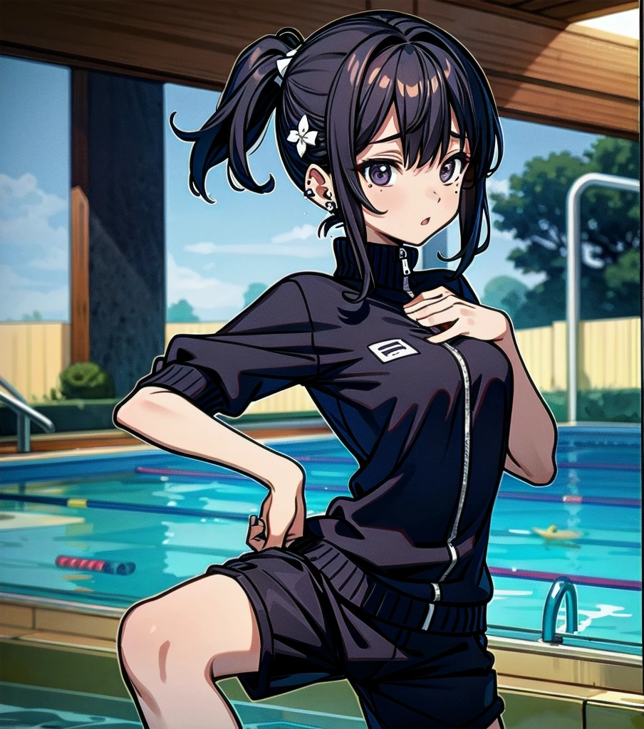 whole body, delicate facial features, medium tits, medium hair, black hair, tearful mole, earring, tracksuit, shorts, pool,