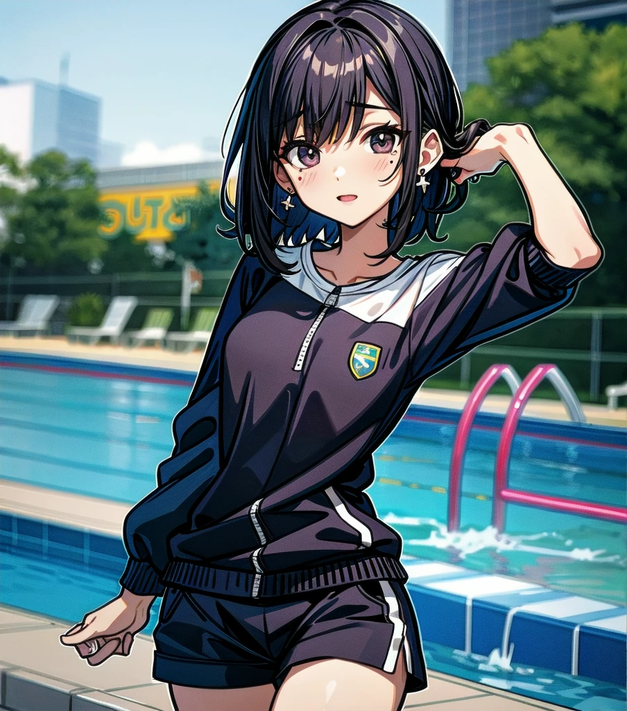 whole body, delicate facial features, medium tits, medium hair, black hair, tearful mole, earring, tracksuit, shorts, pool,