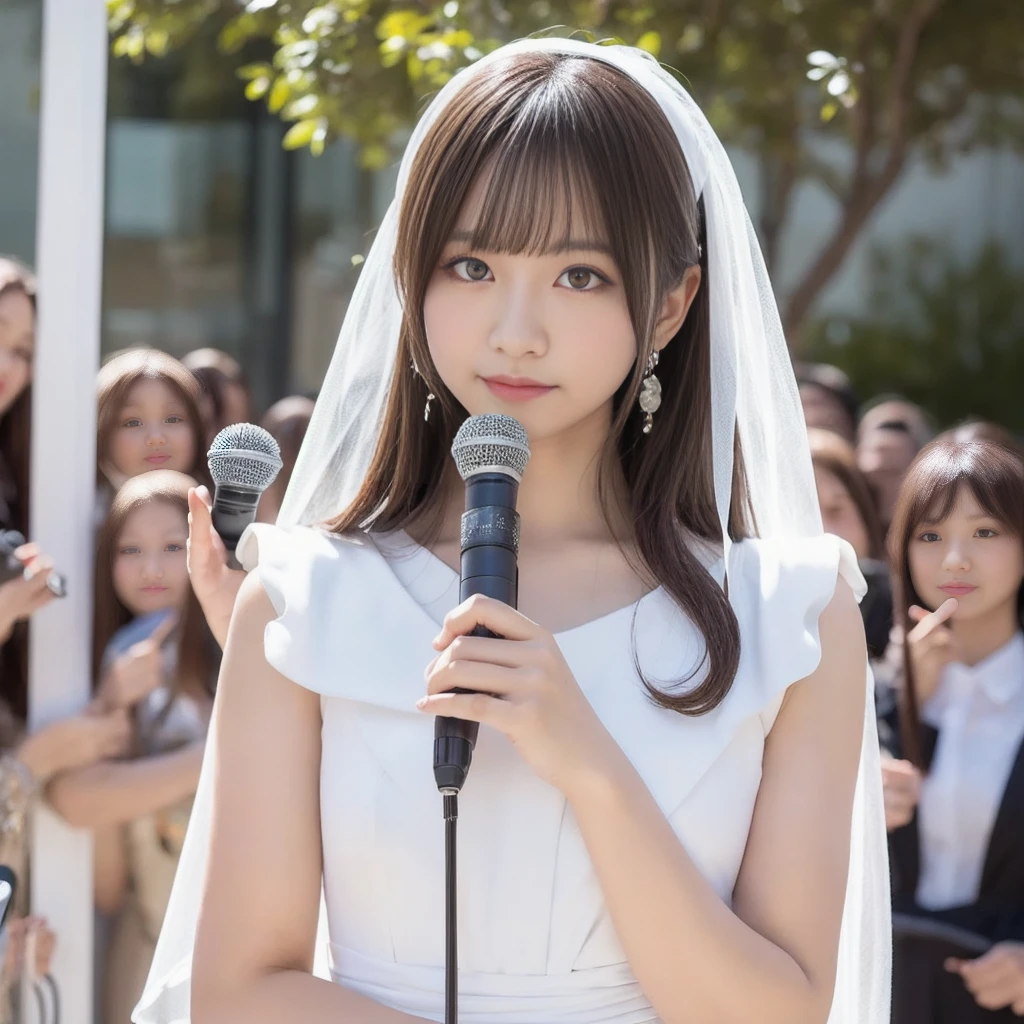 A beautiful young Japanese idol in a white dress and veil holding a microphone. Extremely detailed and realistic portrait, intricate anime cosplay, Instagram model, artcore style, lost in reverie. 8k resolution, Canon EOS R6 photography, background is bright, female body.