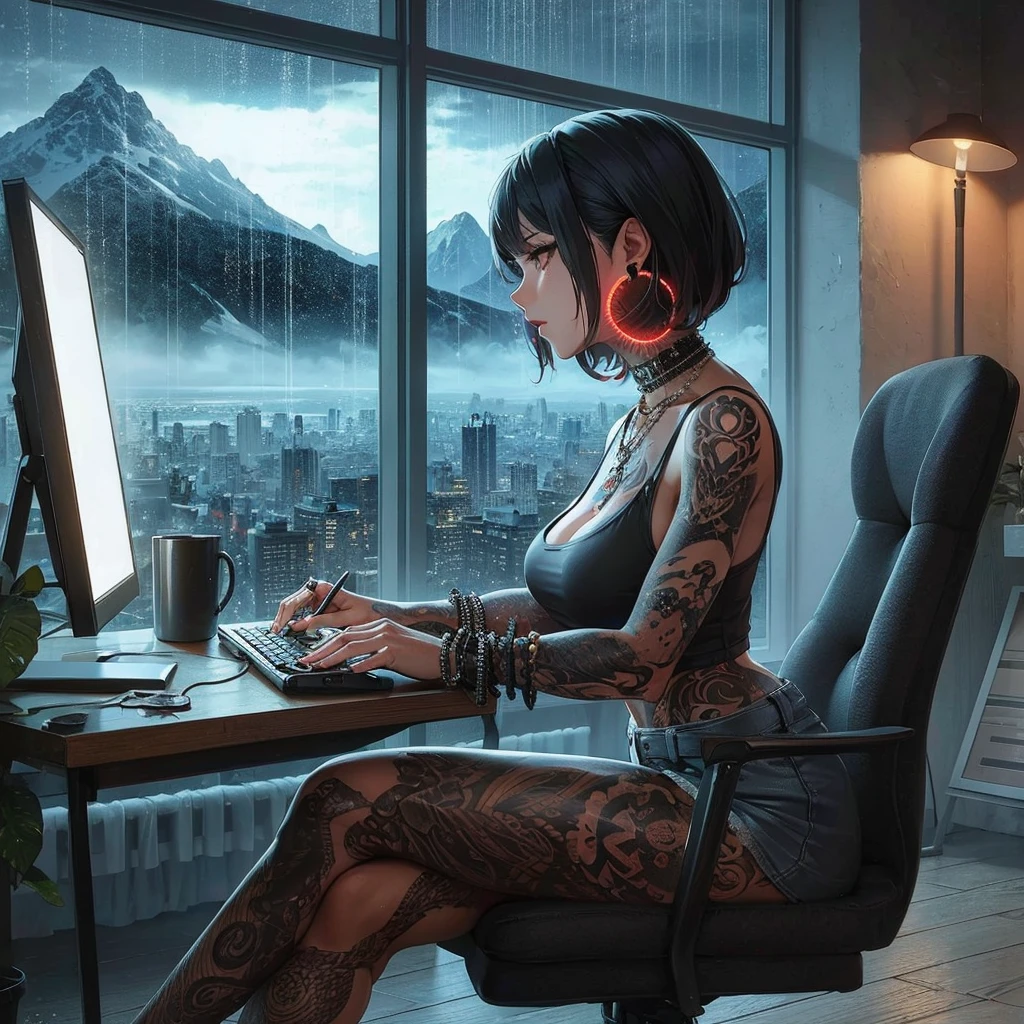 A sensual tattooed woman with a huge chest, huge ass and huge thighs with her legs open for the camera
